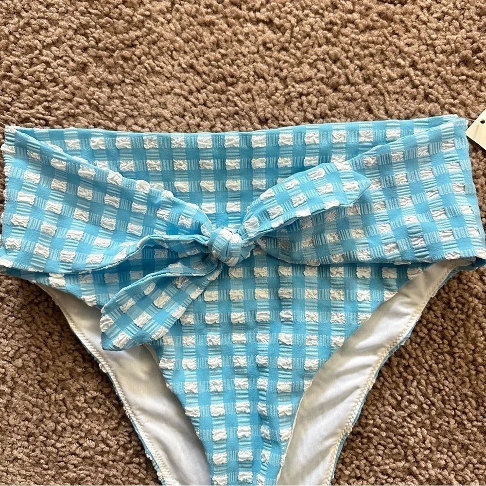 NWT Aerie Hi Waist Bikini Bottom In Blue White Gingham Print Front Knot sz XS